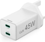 شاحن Hama 201948 ميني بقدرة 45 واط بتقنية GaN، شحن سريع، USB-C PD وQualcomm Quick Charge، شاحن حائط USB-C صغير عالي السرعة، قابس بريطاني – أبيض
