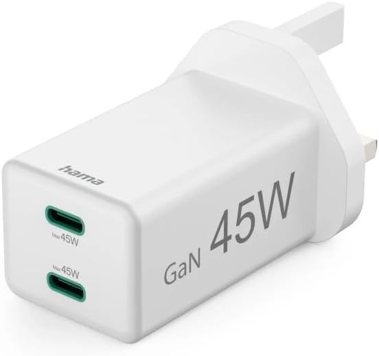 شاحن Hama 201948 ميني بقدرة 45 واط بتقنية GaN، شحن سريع، USB-C PD وQualcomm Quick Charge، شاحن حائط USB-C صغير عالي السرعة، قابس بريطاني – أبيض