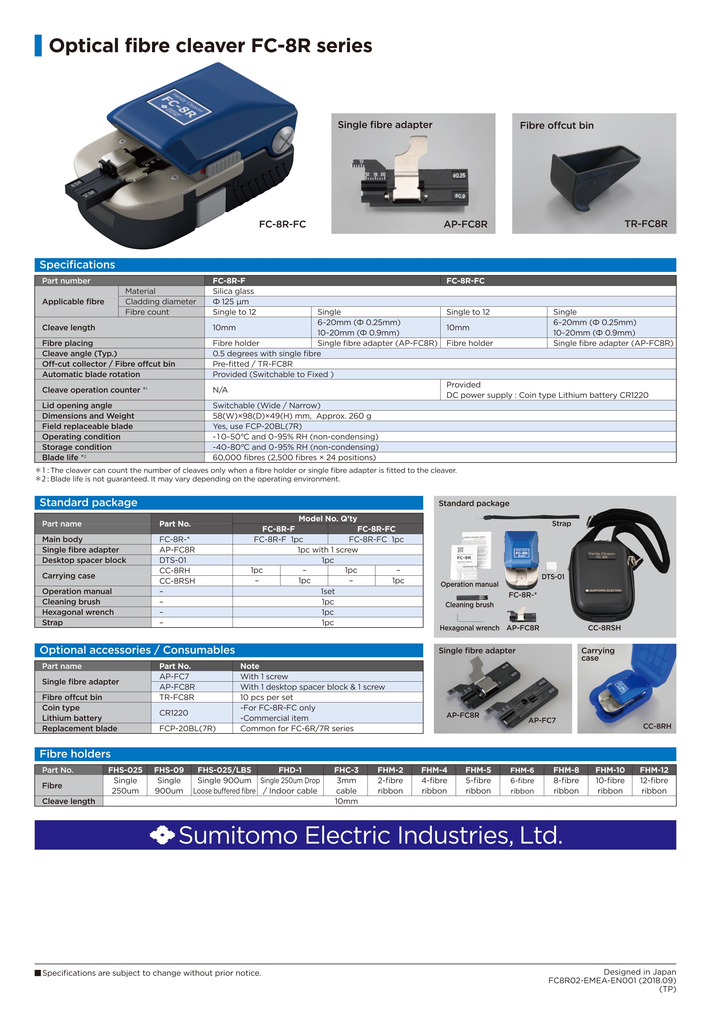Sumitomo Electric FC-8R-FC قاطع ألياف يدوي – شفرة دوارة تلقائياً، يقطع من ليف واحد حتى شرائط 12 ليف، زاوية 0.5°، حتى 60,000 قطع