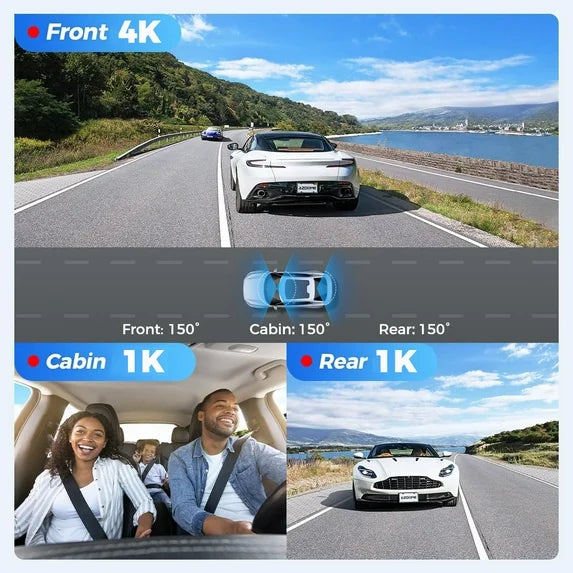 AZDOME M500 3-Channel 4K Dash Cam with Front, Rear & Inside Cameras, 3” IPS Screen, Built-in WiFi, 64GB Included, Night Vision, Parking Monitor, G-Sensor, Loop Recording