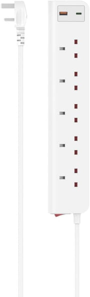 Hama 5-Way UK Power Extension Strip , 5 AC Outlets , 20W USB-C Power Delivery + USB-A Fast Charging  , 2m Cable , Illuminated Power Switch , White