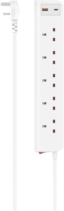 Hama 5-Way UK Power Extension Strip , 5 AC Outlets , 20W USB-C Power Delivery + USB-A Fast Charging  , 2m Cable , Illuminated Power Switch , White
