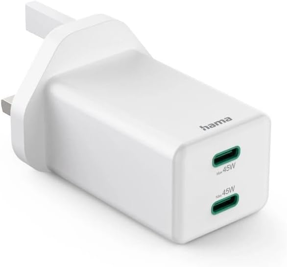 شاحن Hama 201948 ميني بقدرة 45 واط بتقنية GaN، شحن سريع، USB-C PD وQualcomm Quick Charge، شاحن حائط USB-C صغير عالي السرعة، قابس بريطاني – أبيض