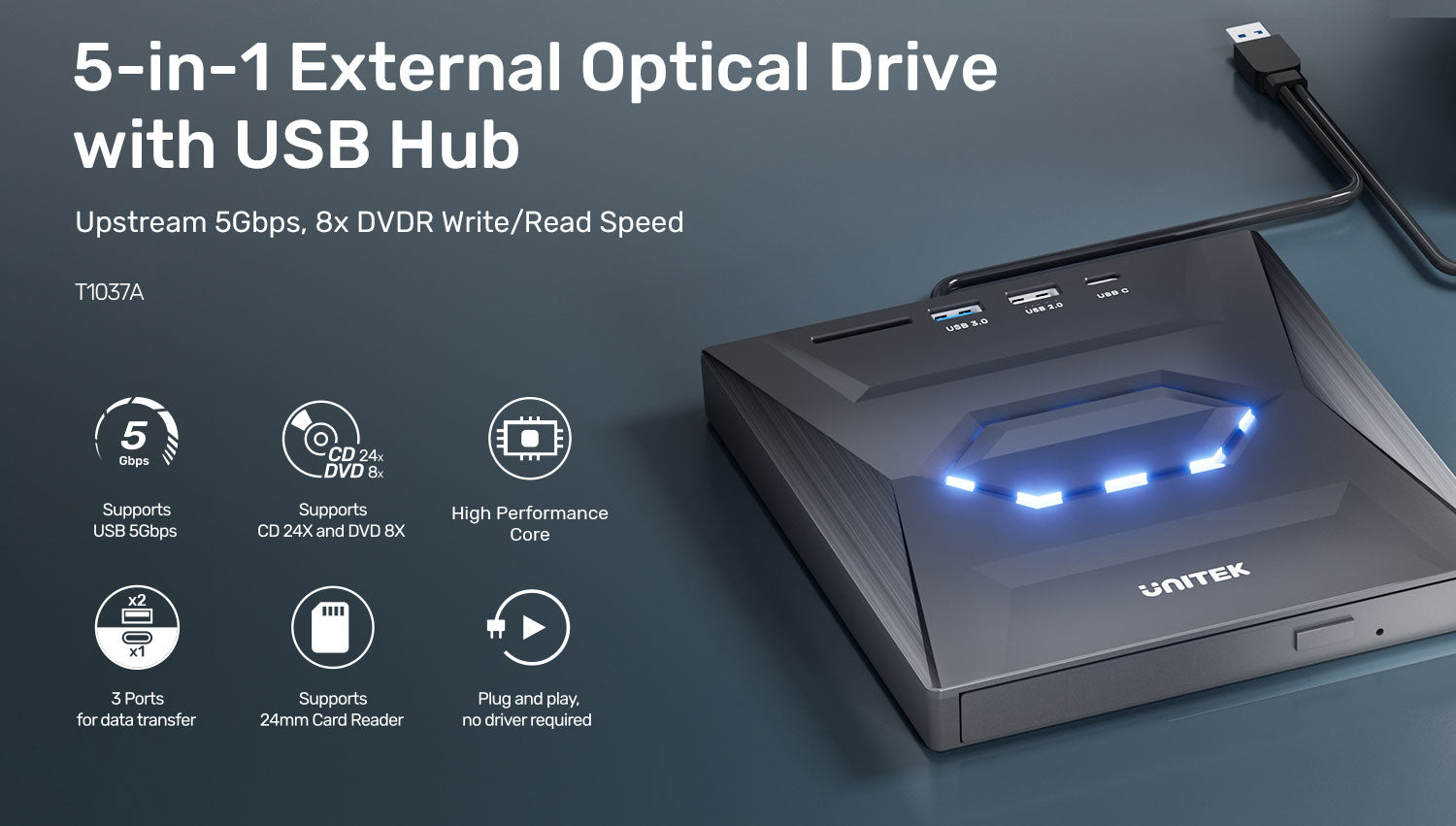 Unitek 5-in-1 External Optical Drive with USB Hub – AL-NABAA