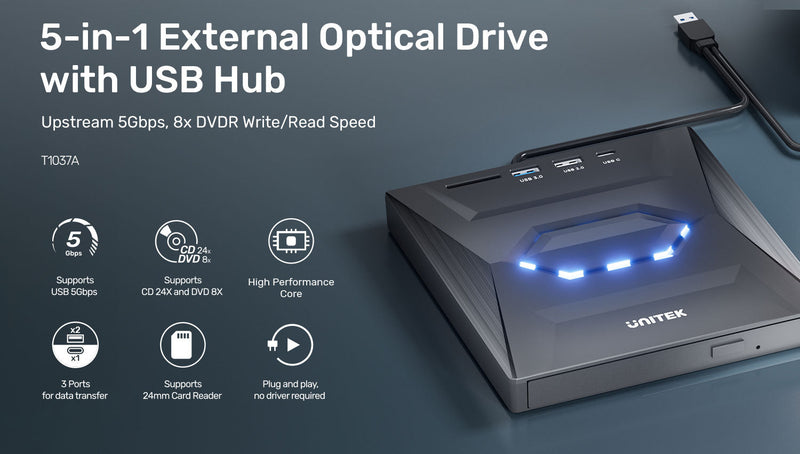 Unitek 5-in-1 External Optical Drive with USB Hub