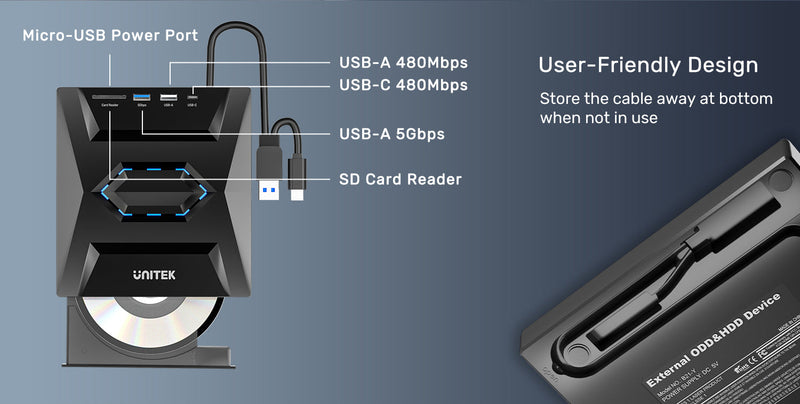 Unitek 5-in-1 External Optical Drive with USB Hub