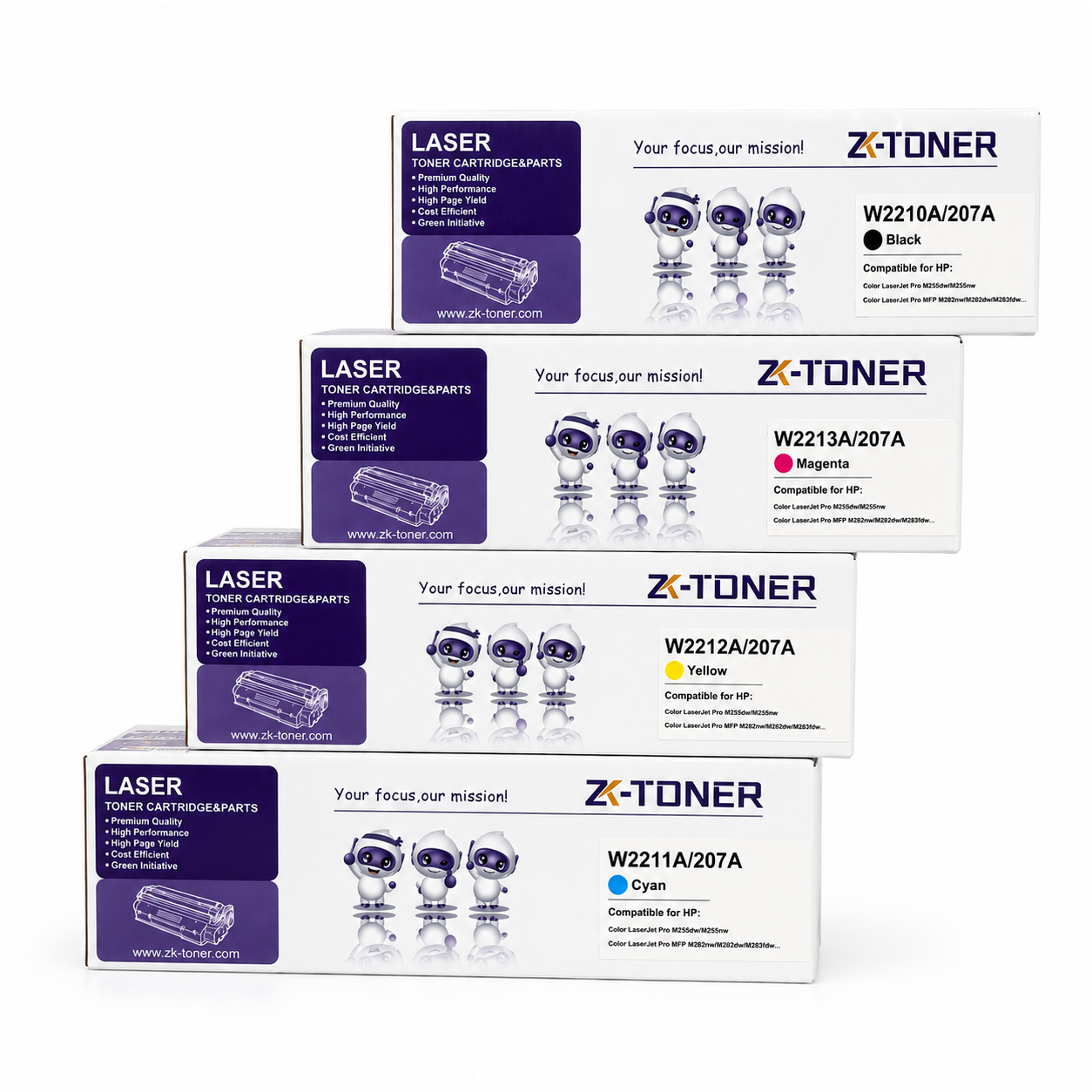 ZK-TONER 207A W2210A/W2211A/W2212A/W2213A Commercial Compatible Toner Cartridge 4-Pack – Black, Cyan, Yellow & Magenta for HP Color LaserJet Pro M255 and MFP M282/M283 Series Printers