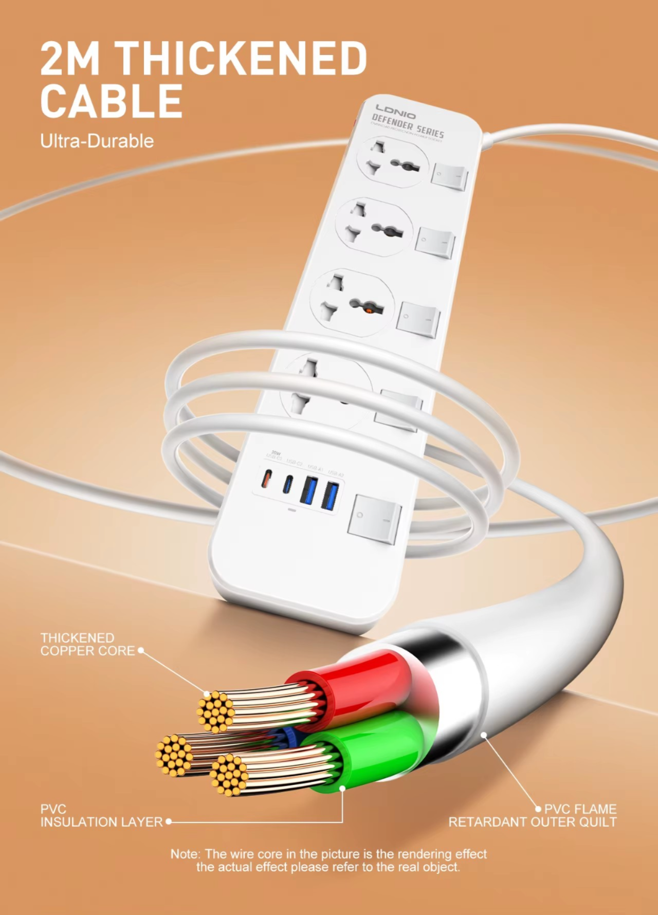 شريط طاقة LDNIO SC4408C بأربعة منافذ كهربائية + أربعة منافذ USB – كابل بطول 2 متر، بحد أقصى 2500 واط، شحن بتقنية التعرف التلقائي، حماية من التحميل الزائد