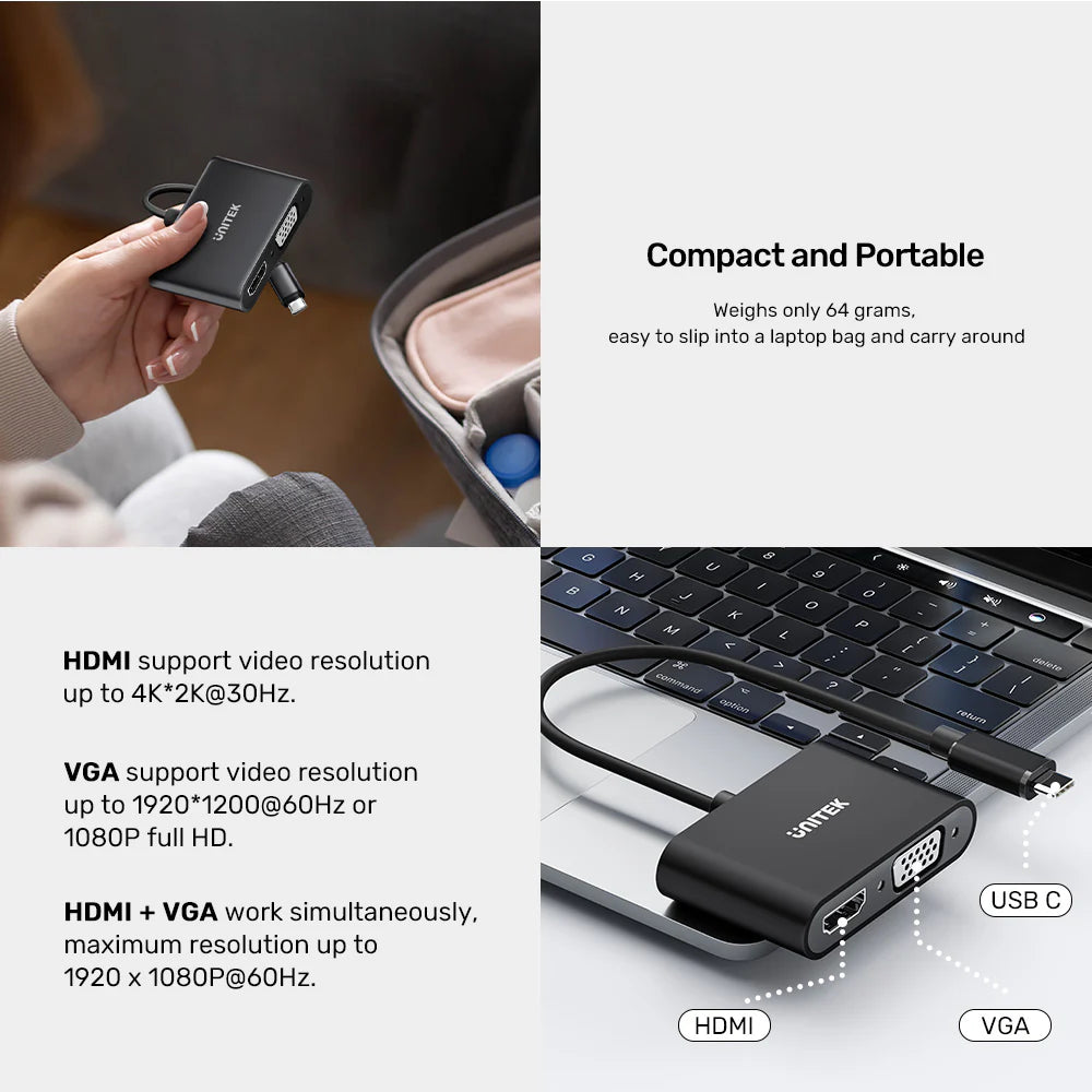 UNITEK USB-C to HDMI & VGA Adapter – 4K@30Hz HDMI, 1080p VGA, Dual Display Support, Aluminium Alloy, Plug & Play, Compatible with USB-C DP Alt Mode Devices