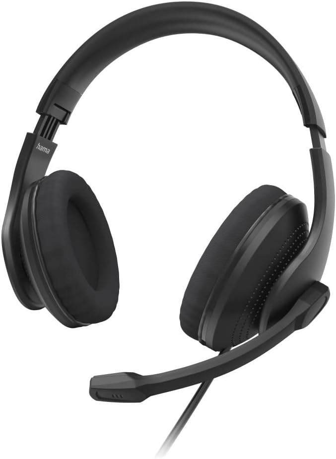 Hama 00139933 Wired Stereo Headset with Microphone , Over-Ear PC Headphones , 3.5mm AUX Jack , Adjustable Microphone Arm , Neckband Design , 2m Cable – Black