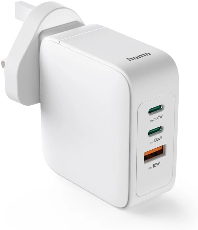 Hama UK GaN Fast Charger , 100W Power Delivery , 2x USB-C + 1x USB-A , Qualcomm Quick Charge 3.0 , Type G UK Plug , White