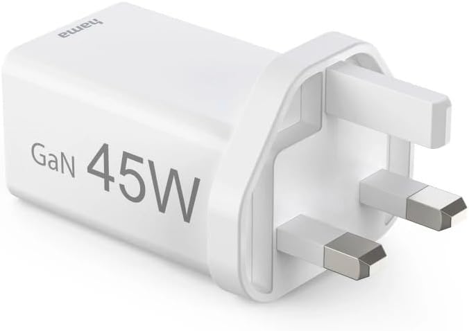 شاحن Hama 201948 ميني بقدرة 45 واط بتقنية GaN، شحن سريع، USB-C PD وQualcomm Quick Charge، شاحن حائط USB-C صغير عالي السرعة، قابس بريطاني – أبيض