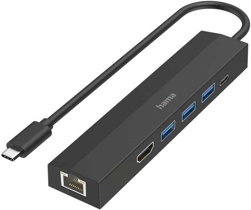 Hama USB-C Hub Multi-Port Adapter – 6-Port USB-C Multiport with 3× USB-A, USB-C PD Charging, HDMI 4K & Gigabit Ethernet LAN for Laptop, MacBook & Tablet