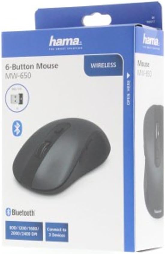 Hama Wireless Bluetooth Optical Mouse – 6 Buttons, Multi-Device Mouse for PC & Laptop, 800–2400 DPI Adjustable, Right-Handed, Compatible with Windows, macOS & Android