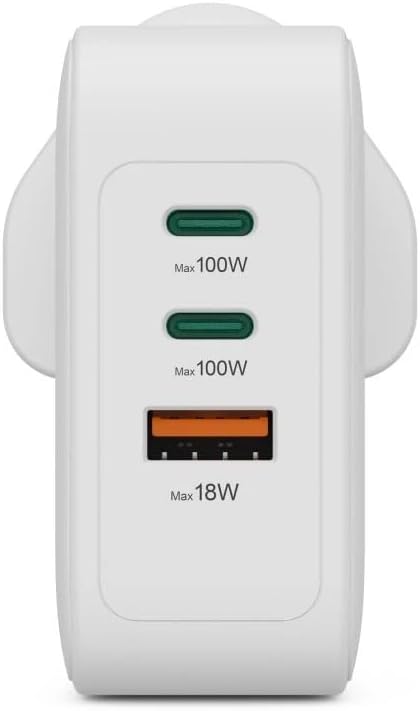 Hama UK GaN Fast Charger , 100W Power Delivery , 2x USB-C + 1x USB-A , Qualcomm Quick Charge 3.0 , Type G UK Plug , White