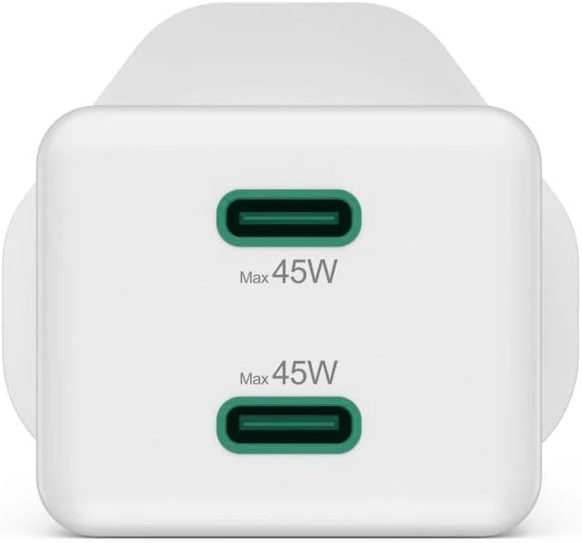 شاحن Hama 201948 ميني بقدرة 45 واط بتقنية GaN، شحن سريع، USB-C PD وQualcomm Quick Charge، شاحن حائط USB-C صغير عالي السرعة، قابس بريطاني – أبيض