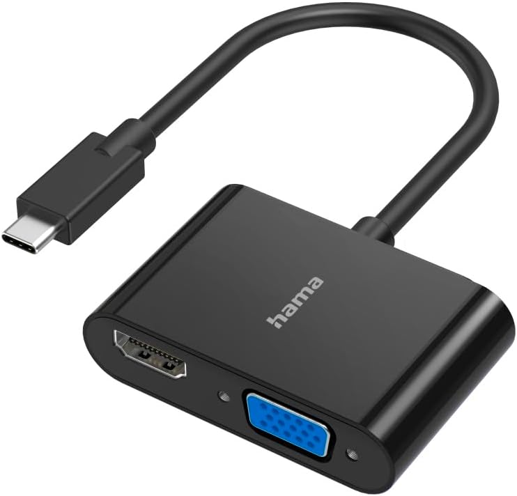 Hama 200313 2-in-1 USB-C to HDMI & VGA Video Adapter , Ultra HD 4K@30Hz HDMI , Full HD 1080p@60Hz VGA , Thunderbolt 3/4/5 & USB4 Compatible – Black