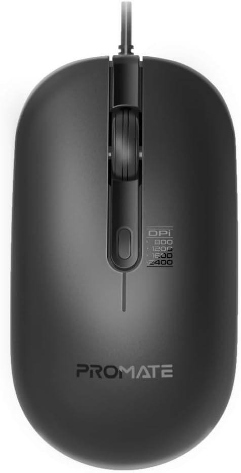Promate Wired Mouse with 6 million Keystrokes, Adjustable 2400DPI, 4 Programmable Buttons, 1.5m Cord and Anti-Slip Grip