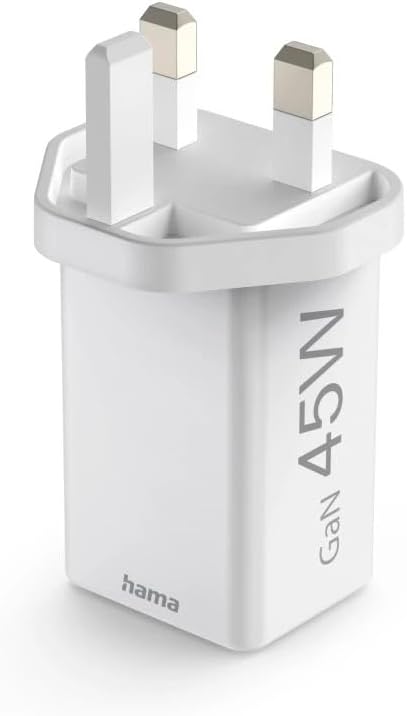 شاحن Hama 201948 ميني بقدرة 45 واط بتقنية GaN، شحن سريع، USB-C PD وQualcomm Quick Charge، شاحن حائط USB-C صغير عالي السرعة، قابس بريطاني – أبيض