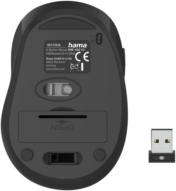 Hama 173026 MW-400 V2 Ergonomic Optical 6-Button Wireless Mouse, Black