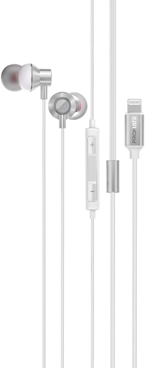 Promate Earphones with Lightning Connector, In-Ear MFi Certified Earphones with Microphone, Noise Isolation, Call Function, In-Line Volume Control Compatible for iPhone, iPad