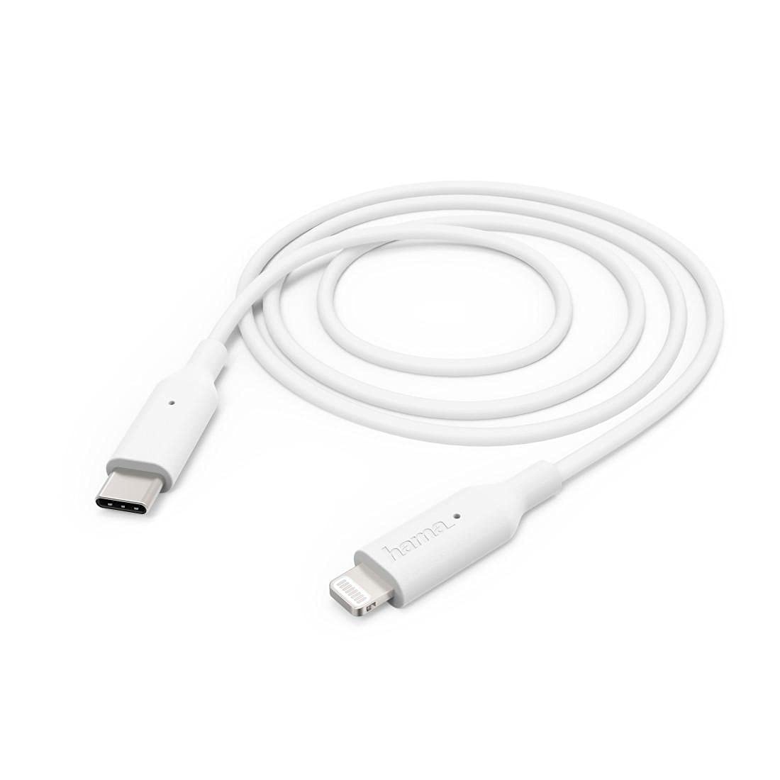 كابل شحن ونقل بيانات من USB-C إلى Lightning من Hama 183295 بطول 1 م، معتمد من Apple MFi، يدعم الشحن السريع بتقنية توصيل الطاقة، USB 2.0 بسرعة 480Mbps، بتيار يصل إلى 3A، لأجهزة iPhone وiPad وiPod، باللون الأبيض