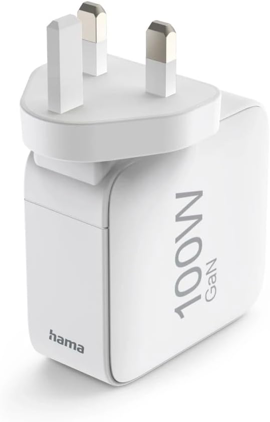 Hama UK GaN Fast Charger , 100W Power Delivery , 2x USB-C + 1x USB-A , Qualcomm Quick Charge 3.0 , Type G UK Plug , White