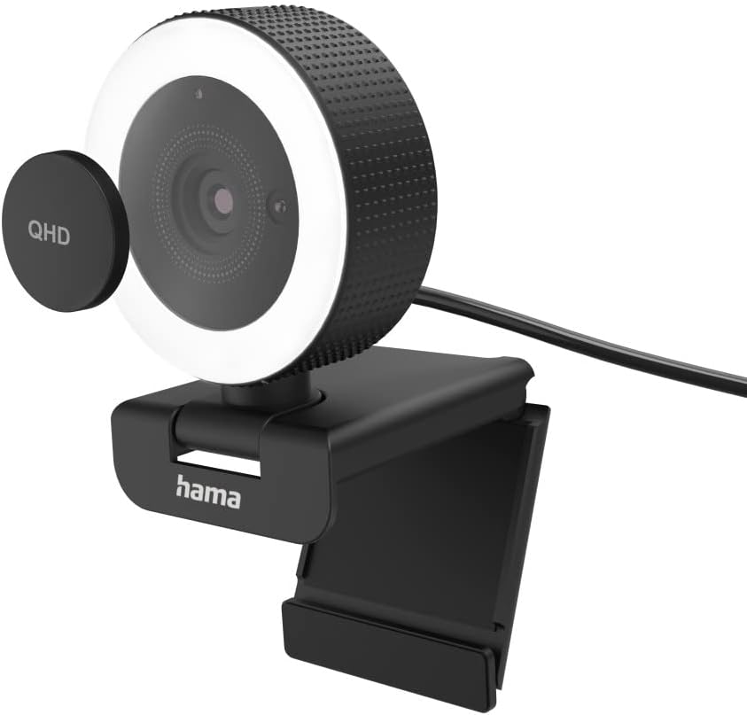 Hama C-850 Pro QHD 2K Webcam with LED Ring Light , Autofocus , Dual Microphones , Remote Control , Privacy Cover , USB Plug & Play for Streaming & Video Conferencing