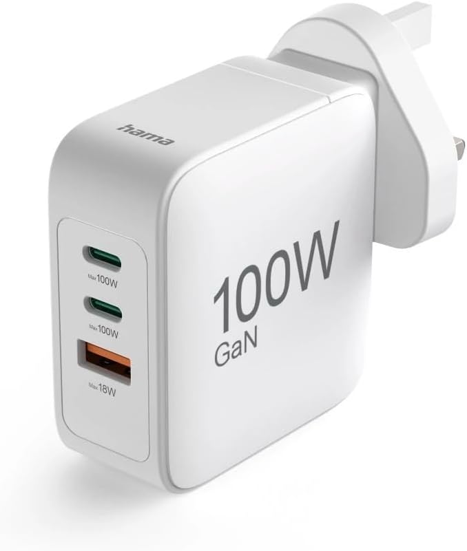 Hama UK GaN Fast Charger , 100W Power Delivery , 2x USB-C + 1x USB-A , Qualcomm Quick Charge 3.0 , Type G UK Plug , White