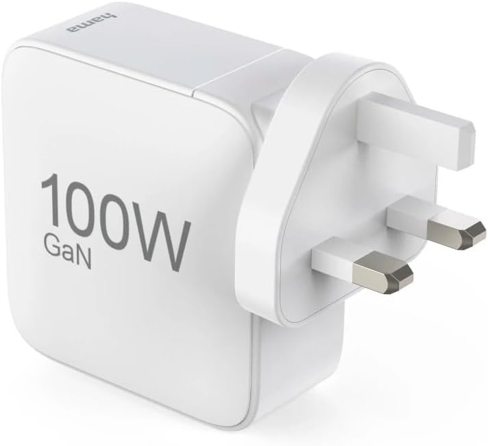 Hama UK GaN Fast Charger , 100W Power Delivery , 2x USB-C + 1x USB-A , Qualcomm Quick Charge 3.0 , Type G UK Plug , White