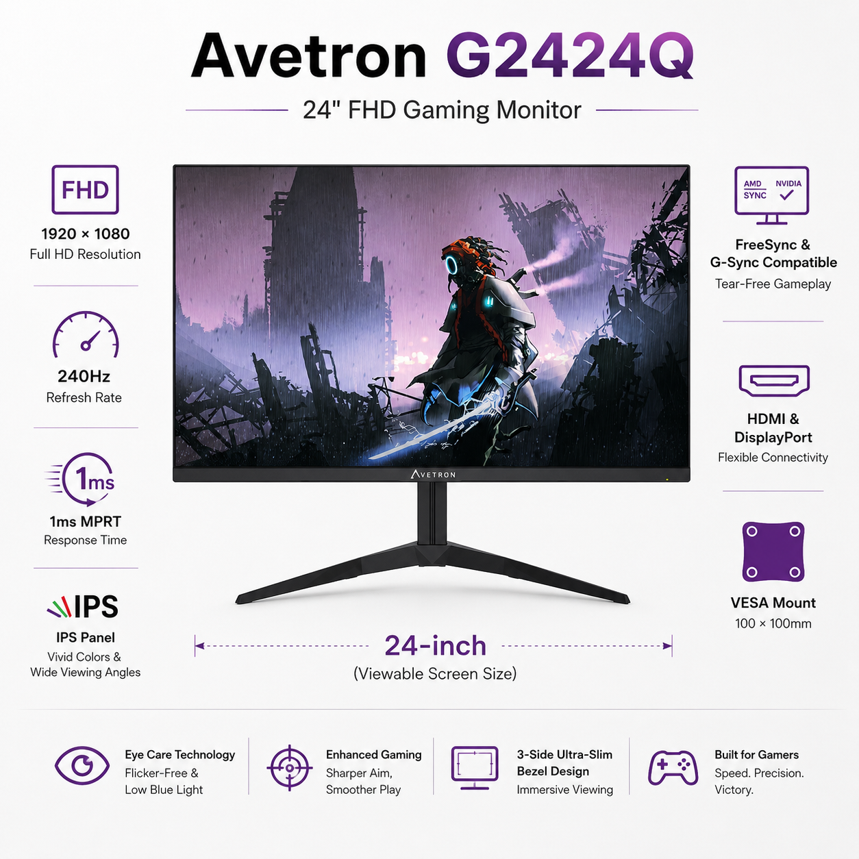 Avetron G2424Q 24" FHD Gaming Monitor, 1920×1080, 240Hz Refresh Rate, 1ms MPRT, IPS Panel, FreeSync & G-Sync Compatible, HDMI & DisplayPort, VESA Mount