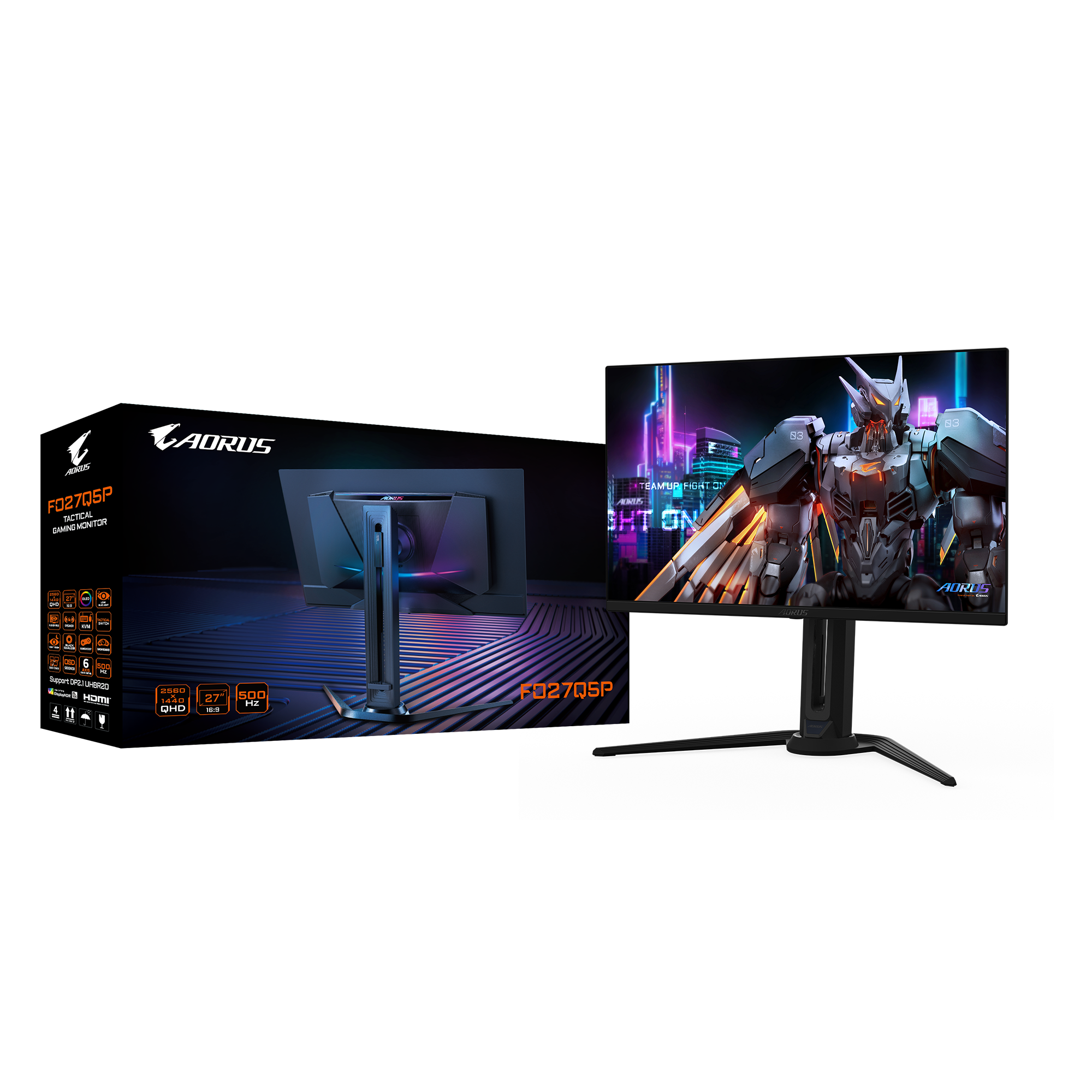 شاشة ألعاب أوروس FO27Q5P مقاس 27 بوصة بتقنية QD-OLED، دقة QHD 2560×1440، تردد 500 هرتز، زمن استجابة 0.03 مللي ثانية، تقنية HDR الأسود الحقيقي 500