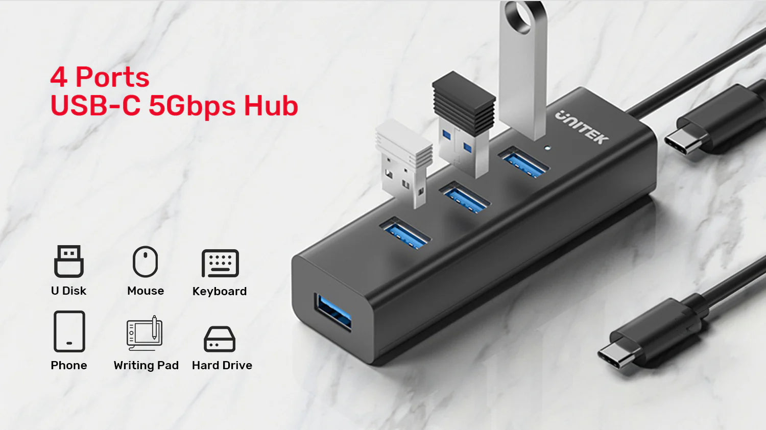 UNITEK USB-C 4-Port Hub, 5Gbps High-Speed USB Expansion Adapter with 4 USB-A Ports, Plug & Play for Laptop, PC, MacBook