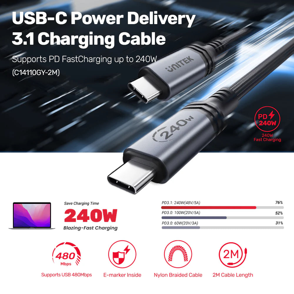 Unitek 240W USB-C PD 3.1 Charging Cable – 2M Nylon Braided - E-Marker Chip - 480Mbps Data Transfer - Compatible with Laptops - Tablets - Smartphones
