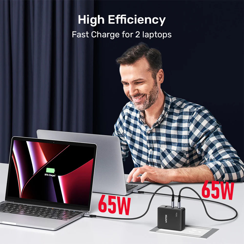 Unitek 140W GaN Wall Charger – 2× USB-C PD 3.1 & 1× USB-A Ports - Fast Charging for MacBook Pro - Compact Design - Includes EU & UK Plugs
