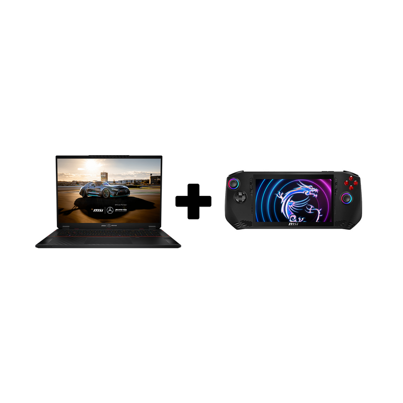 (MSI Stealth 18 MercedesAMG A1VHG-073AE 18" UHD+MiniLED, 120Hz- Laptop -Core Ultra 9 185H - 32GB DDR5 RAM - 2TB SSD - RTX 4080 12GB - Win 11) With (MSI Claw A1M-039AE-7" FHD IPS-120Hz-Core Ultra 5 135H-16GB RAM-512GB SSD-Intel Arc-Windows 11 Home)