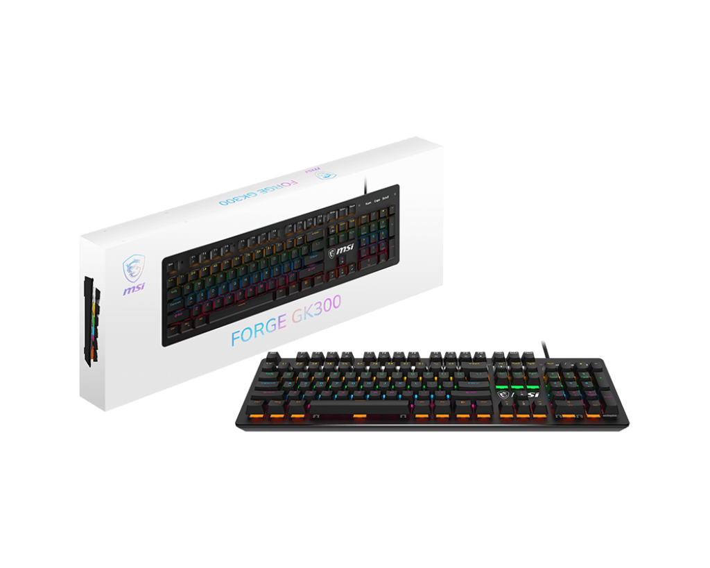 لوحة مفاتيح ألعاب MSI FORGE GK300 – مفاتيح ميكانيكية زرقاء، إضاءة ملونة بتسع أوضاع، مقاومة لتداخل ضغط 26 مفتاح، سلك USB