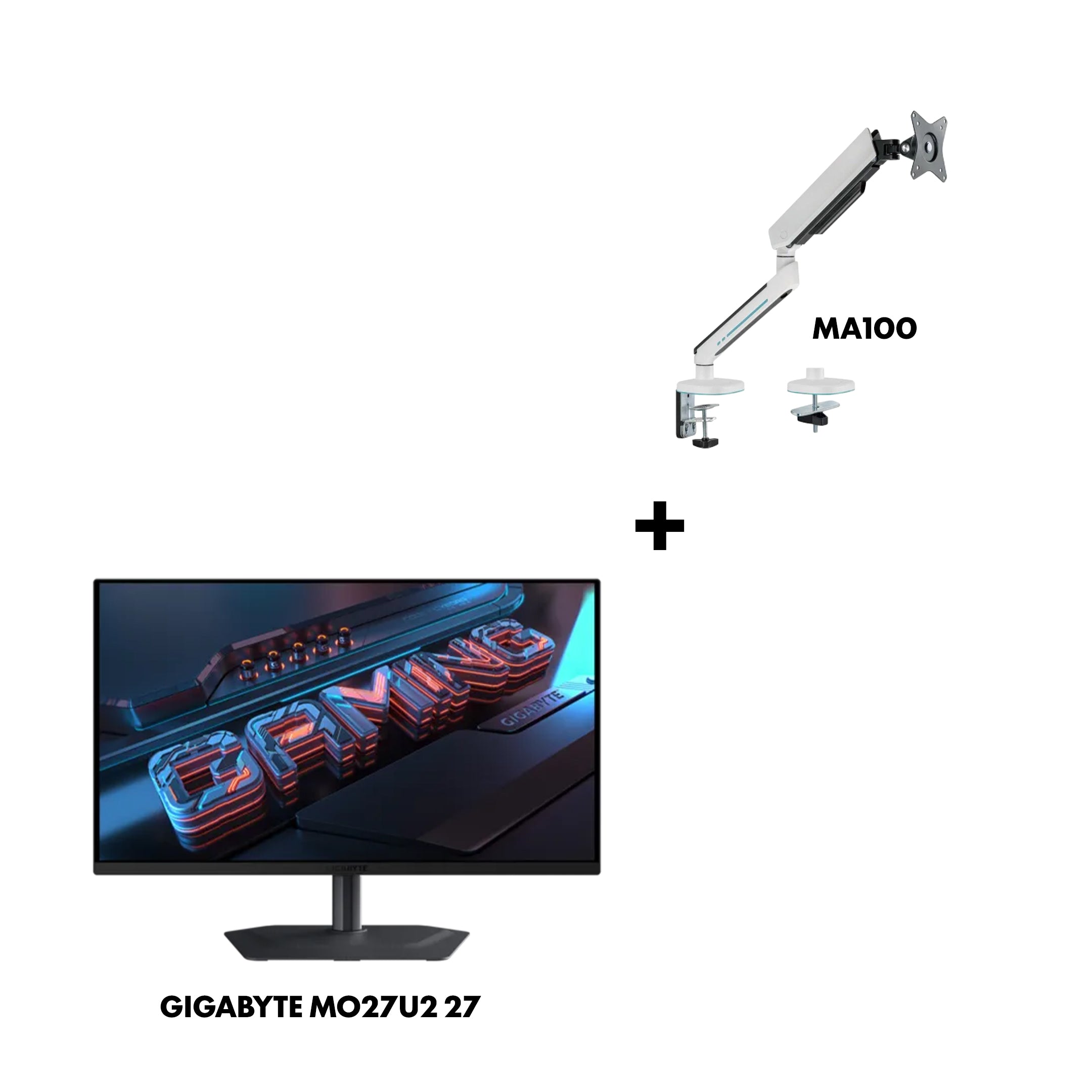 حزمة شاشة الألعاب GIGABYTE MO27U2 EK مقاس 27 بوصة مع ذراع الشاشة الأبيض AVETRON MA100