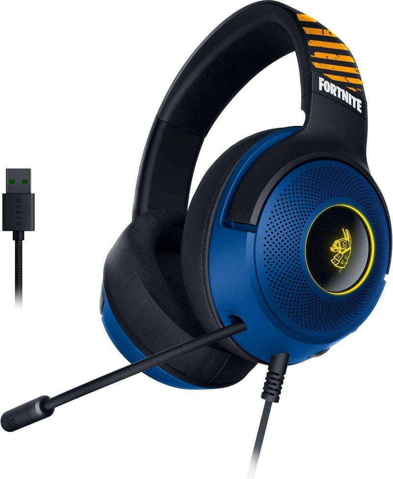 سماعة رأس سلكية للألعاب Razer Kraken V3 X USB - إصدار Fortnite، مشغلات TriForce مقاس 40 مم، إضاءة Chroma RGB، ميكروفون قلبي HyperClear، صوت محيطي 7.1، خفيف الوزن 285 جرام، أزرق