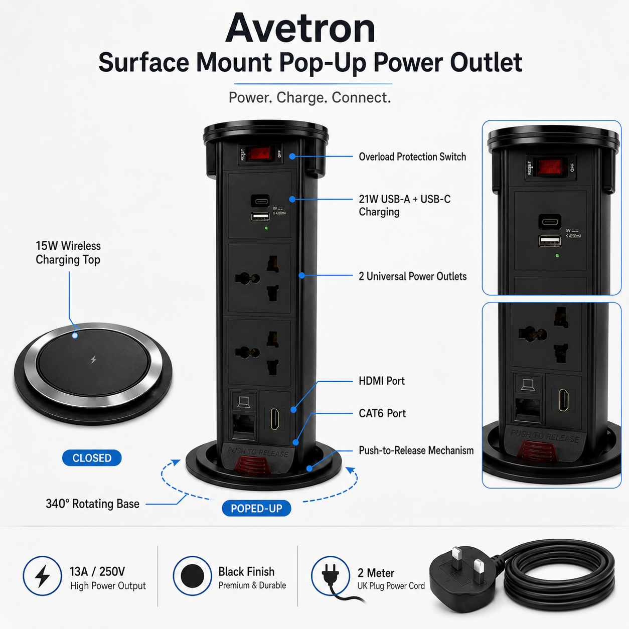 Avetron Pop-Up Power Outlet with 15W Wireless Charging, USB-A & USB-C, HDMI, CAT6 and Dual Universal Sockets