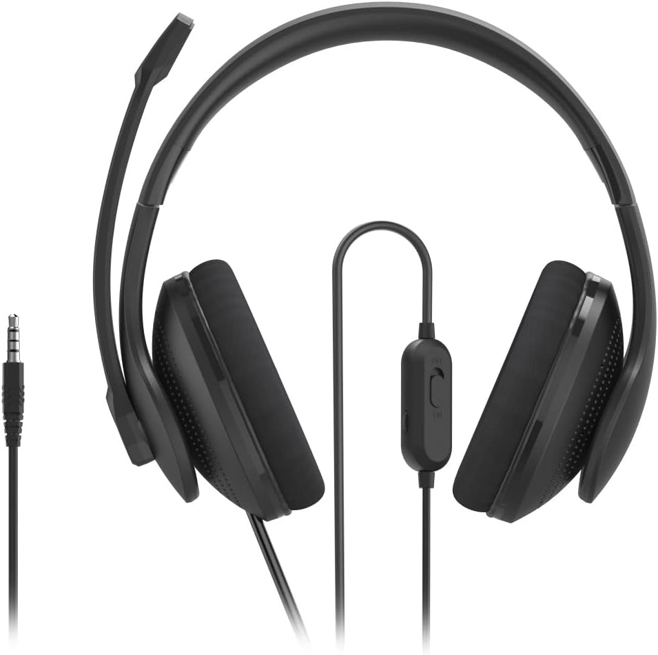 Hama 00139933 Wired Stereo Headset with Microphone , Over-Ear PC Headphones , 3.5mm AUX Jack , Adjustable Microphone Arm , Neckband Design , 2m Cable – Black