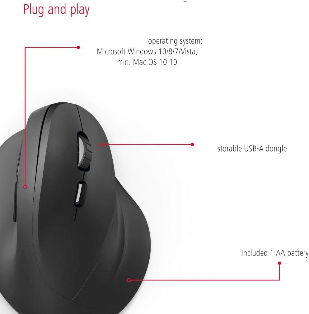 Hama EMW-500 Wireless Vertical Ergonomic Mouse – 6-Button 2.4GHz, 1000/1400/1800 DPI, Rubberised Grip