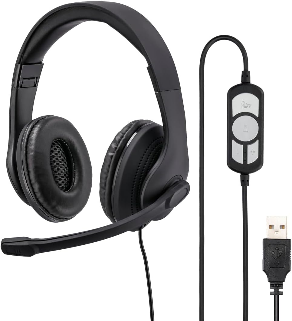 Hama HS-USB300 PC Office Headset , Stereo Sound , USB-A Connection , Adjustable Microphone , In-Line Volume Control & Mic Mute , Padded Headband & Earpads – Black