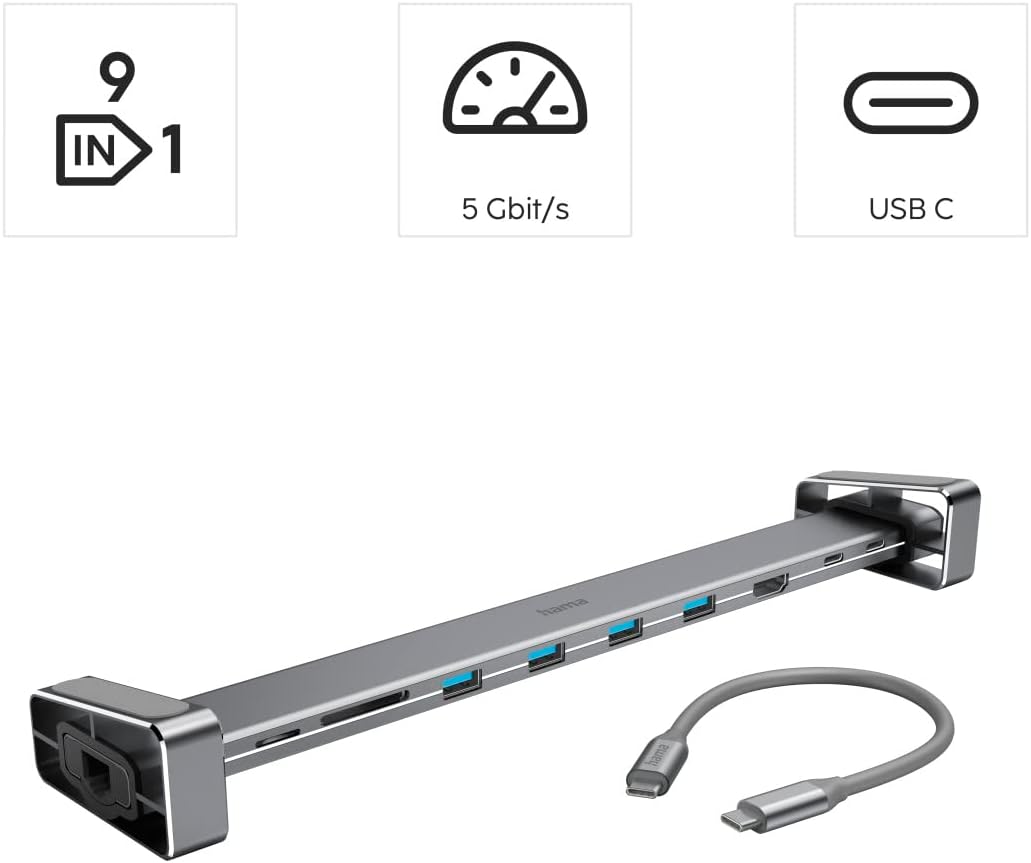 Hama Connect2Office Basic USB-C 9‑Port Docking Station – HDMI 4K, Gigabit LAN, USB‑C PD 100 W, 4× USB‑A, SD/microSD, Removable Feet