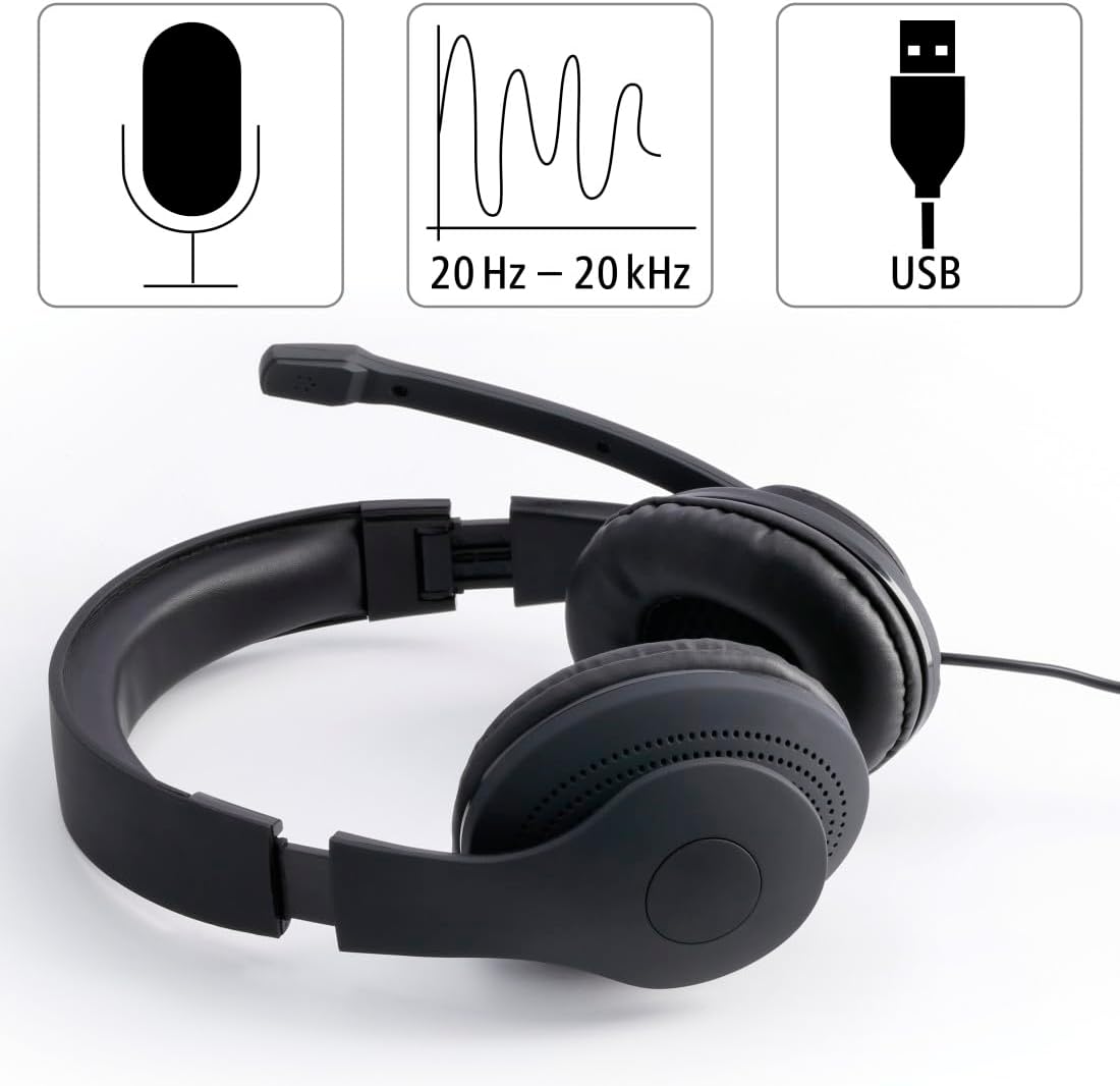 Hama HS-USB300 PC Office Headset , Stereo Sound , USB-A Connection , Adjustable Microphone , In-Line Volume Control & Mic Mute , Padded Headband & Earpads – Black