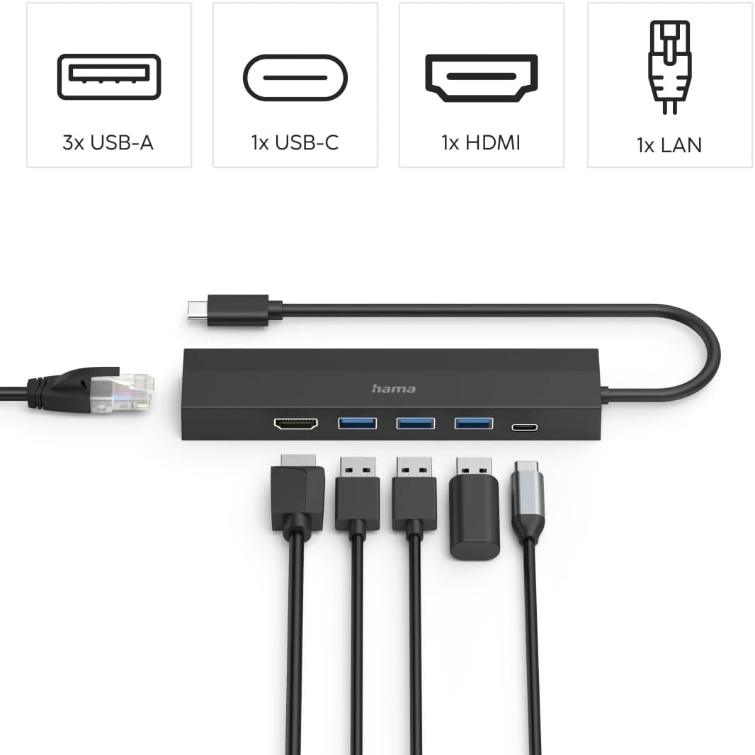 Hama USB-C Hub Multi-Port Adapter – 6-Port USB-C Multiport with 3× USB ...