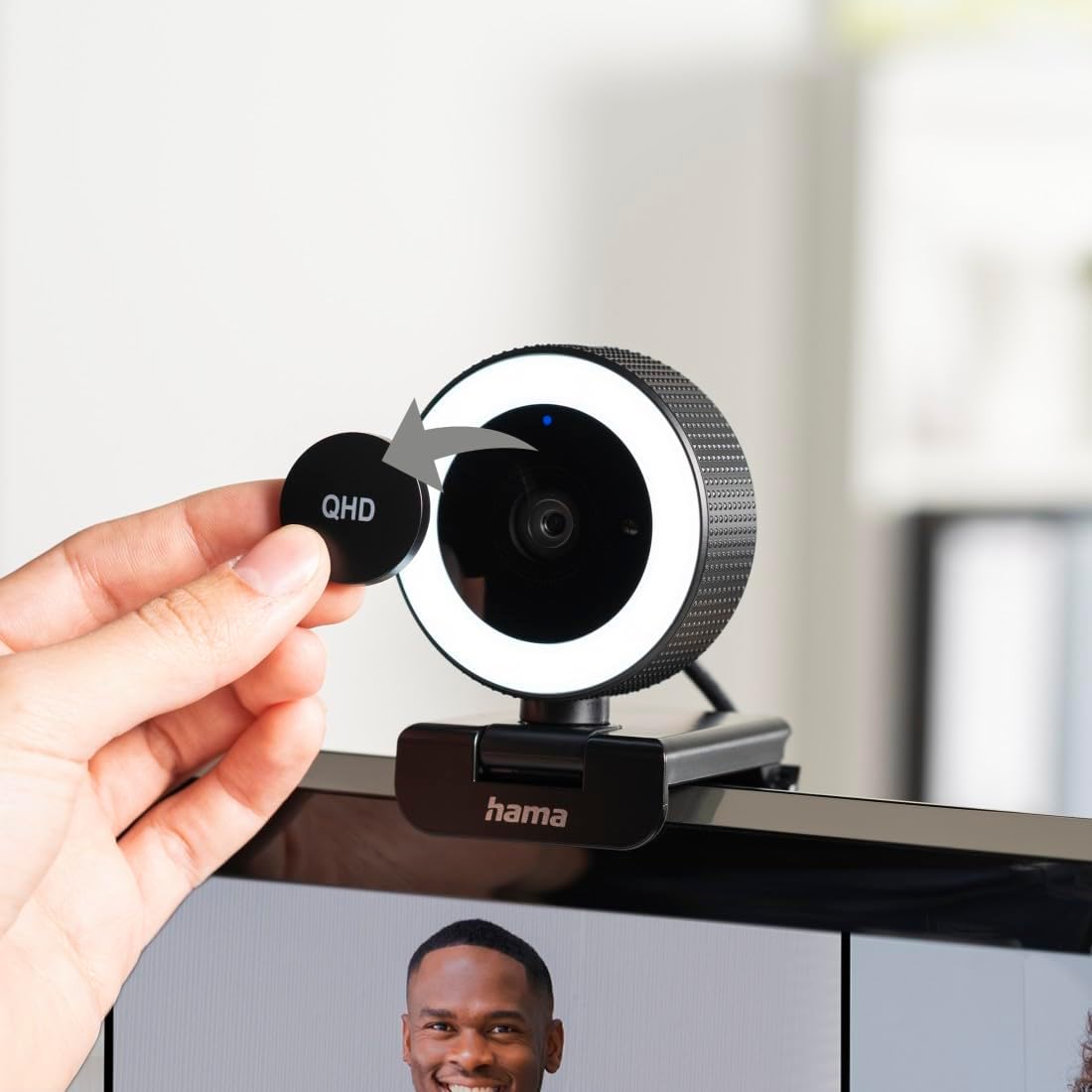 Hama C-850 Pro QHD 2K Webcam with LED Ring Light , Autofocus , Dual Microphones , Remote Control , Privacy Cover , USB Plug & Play for Streaming & Video Conferencing