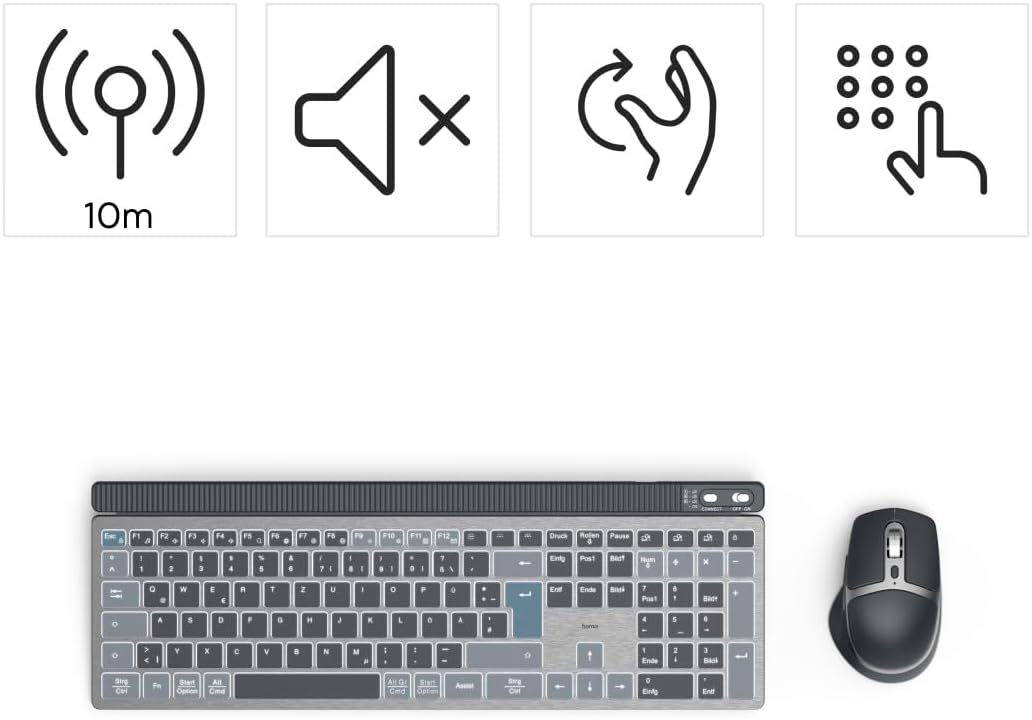 Hama WKM‑750 Multi‑Device Wireless Keyboard & Mouse Set – LED Backlit, 6‑Button Optical Mouse, Multi‑Device Bluetooth & 2.4 GHz RF Connectivity, Rechargeable, Ergonomic Design