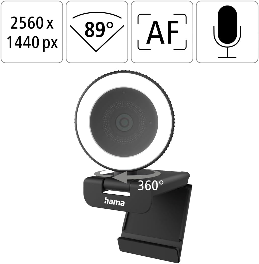Hama C-850 Pro QHD 2K Webcam with LED Ring Light , Autofocus , Dual Microphones , Remote Control , Privacy Cover , USB Plug & Play for Streaming & Video Conferencing