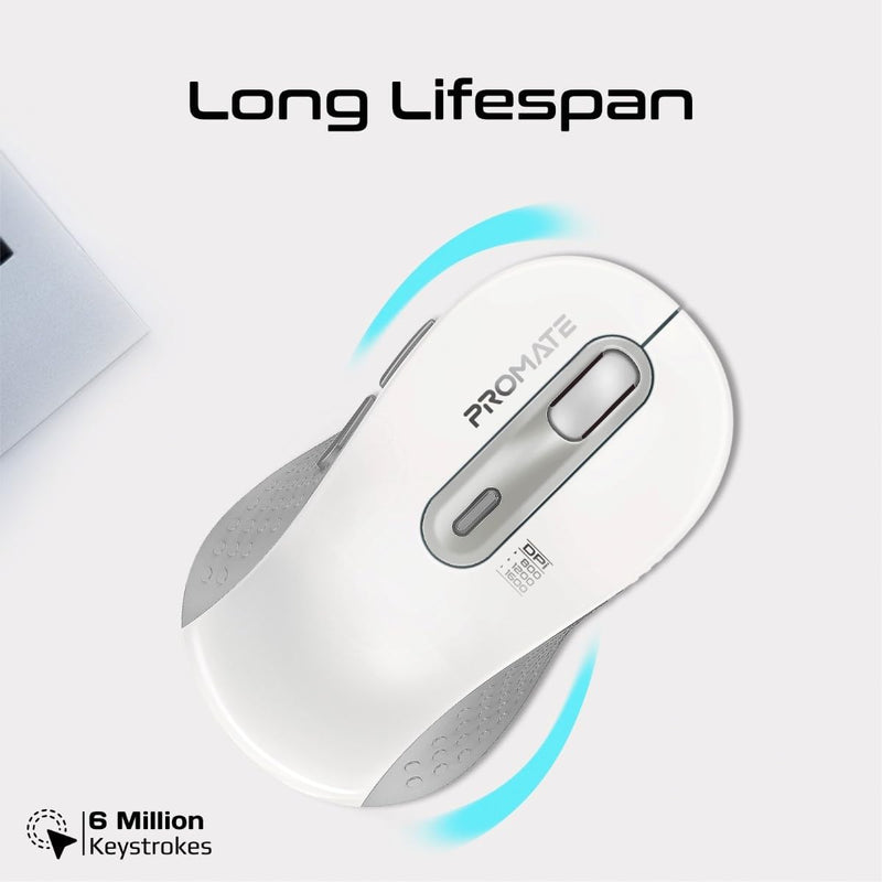 Promate Wireless Mouse, Ergonomic Ambidextrous Wireless Mice with Dual Mode Connectivity, Bluetooth v5.3, 2.4Ghz Transmission, Adjustable 1600DPI, 150H Working Time, Ken